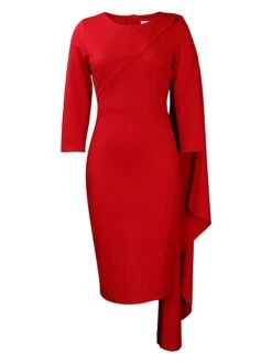 Women‘s Plus Size Curve Work Dress Bodycon Sheath Dress Solid Color Midi Dress Long Sleeve Crew Neck Fashion Outdoor White Red Fall Spring L XL XXL 3XL -HAYz Clothing Shop cwqfcj1676871089572