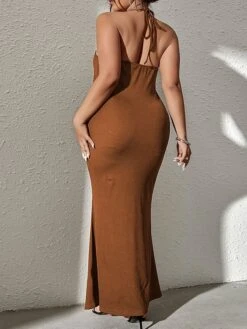 Women's Plus Size Curve Party Dress Wedding Guest Dress Bodycon Long Dress Maxi Dress Brown Long Sleeve Pure Color Backless Fall Winter Autumn Halter Neck Fashion Wedding Guest Vacation XL XXL 3XL -HAYz Clothing Shop cwqsrb1692165955397