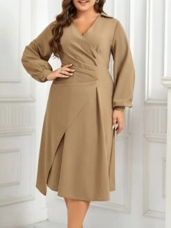 Women's Plus Size Curve Winter Dress Sheath Dress Plain Midi Dress Long Sleeve Ruched V Neck Fashion Outdoor Khaki Fall Winter XL XXL 3XL 4XL -HAYz Clothing Shop cwutjs1695096076747