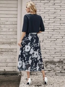 Women's Two Piece Dress Set Casual Dress Chiffon Dress Outdoor Daily Fashion Elegant Print Midi Dress V Neck Half Sleeve Floral Regular Fit Black Pink Gray Summer Spring S M L XL XXL -HAYz Clothing Shop cxcdzo1695873659805