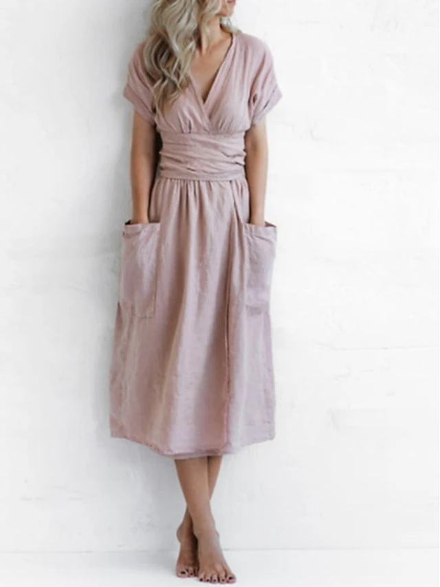Women's Casual Dress Cotton Linen Dress A Line Dress Midi Dress Polyester Fashion Street Style Outdoor Daily Date V Neck Pocket Strappy Short Sleeve Summer Spring 2023 Regular Fit Pink Wine Brown 8 Women's Casual Dress Cotton Linen Dress A Line Dress Midi Dress Polyester Fashion Street Style Outdoor Daily Date V Neck Pocket Strappy Short Sleeve Summer Spring 2023 Regular Fit Pink Wine Brown - Image 8