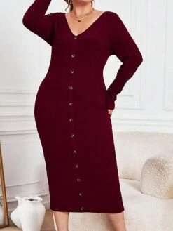 Women's Plus Size Curve Party Dress Sweater Dress Bodycon Plain Midi Dress Long Sleeve Button V Neck Fashion Party Wine Fall Winter XL XXL 3XL -HAYz Clothing Shop cxhgpg1695191645252