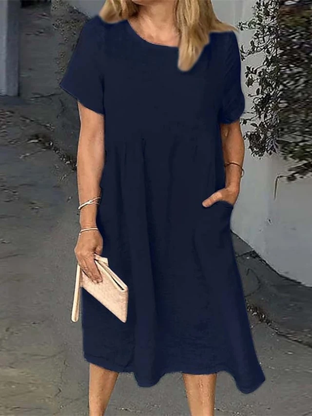 Women's Casual Dress Cotton Linen Dress Shift Dress Midi Dress Cotton Blend Basic Casual Daily Holiday Vacation Crew Neck Pocket Short Sleeve Summer Spring 2023 Loose Fit White Pink Blue Pure Color S 2 Women's Casual Dress Cotton Linen Dress Shift Dress Midi Dress Cotton Blend Basic Casual Daily Holiday Vacation Crew Neck Pocket Short Sleeve Summer Spring 2023 Loose Fit White Pink Blue Pure Color S - Image 2