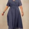 Women's Plus Size Curve Party Dress Cocktail Dress Plain Midi Dress Short Sleeve V Neck Fashion Party Dark Blue Gray Fall Winter L XL XXL 3XL 4XL