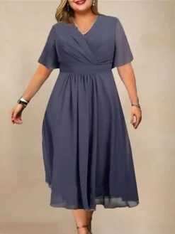 Women's Plus Size Curve Party Dress Cocktail Dress Plain Midi Dress Short Sleeve V Neck Fashion Party Dark Blue Gray Fall Winter L XL XXL 3XL 4XL