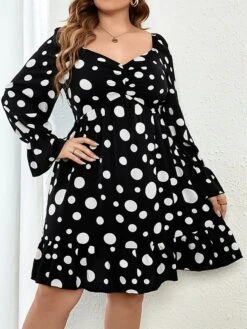 Women's Plus Size Party Dress Wedding Guest Dress Black Dress Mini Dress Black Long Sleeve Polka Dot Ruffle Spring Fall Winter V Neck Fashion Winter Dress Evening Party Wedding Guest 2023 XL XXL 3XL