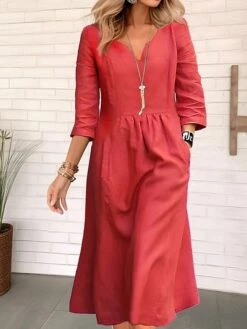 Women's Casual Dress Cotton Linen Dress Midi Dress Linen / Cotton Blend Classic Casual Outdoor Daily Vacation Split Neck Pocket 3/4 Length Sleeve Summer Spring Fall 2023 Regular Fit Yellow Pink Red