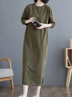 Women's Casual Dress Cotton Linen Dress T Shirt Dress Tee Dress Midi Dress Polyester Basic Classic Outdoor Daily Vacation Crew Neck Pocket 3/4 Length Sleeve Fall Autumn 2023 Loose Fit ArmyGreen Black -HAYz Clothing Shop cxybga1693366317555