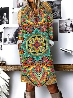 Women's Shirt Dress Casual Dress Cotton Linen Dress Midi Dress Polyester Fashion Casual Daily Outdoor Daily Vacation Shirt Collar Button Print 3/4 Length Sleeve Fall Winter Autumn 2023 Loose Fit -HAYz Clothing Shop cxzxwl1694690882563