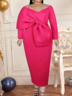 Women's Plus Size Curve Party Dress Bodycon Sheath Dress Plain Long Dress Maxi Dress Long Sleeve Bow V Neck Fashion Party Fuchsia Fall Winter XL XXL 3XL 4XL