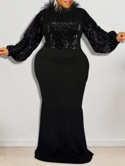 Women‘s Plus Size Curve Party Dress Solid Color Stand Collar Long Sleeve Winter Fall Elegant Formal Maxi Long Dress Party Evening Party Dress -HAYz Clothing Shop cygtgb1671416169381