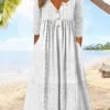 Women's Casual Dress Cotton Linen Dress White Dress Midi Dress Linen / Cotton Blend Basic Classic Outdoor Daily Vacation V Neck Button Pocket 3/4 Length Sleeve Summer Spring Fall 2023 Regular Fit