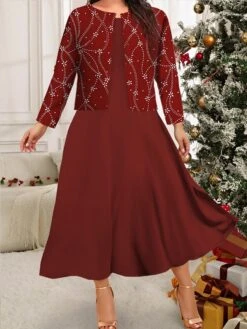 Women's Plus Size Curve Casual Dress Winter Dress Dress Set Floral Mini Dress Long Sleeve Crew Neck Fashion Christmas Wine Fall Winter L XL XXL 3XL 4XL
