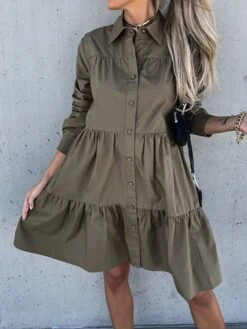 Women's Shirt Dress Casual Dress Swing Dress Midi Dress Outdoor Daily Vacation Cotton Basic Modern Shirt Collar Ruffle Button Long Sleeve Fall Winter 2023 Regular Fit ArmyGreen Black White Pure Color -HAYz Clothing Shop czdejb1695813927897