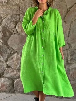 Women's Shirt Dress Casual Dress Cotton Linen Dress Midi Dress Cotton Blend Daily Classic Outdoor Daily Vacation Shirt Collar Button Pocket Long Sleeve Summer Spring 2023 Loose Fit Black White Green -HAYz Clothing Shop czenul1686559895924