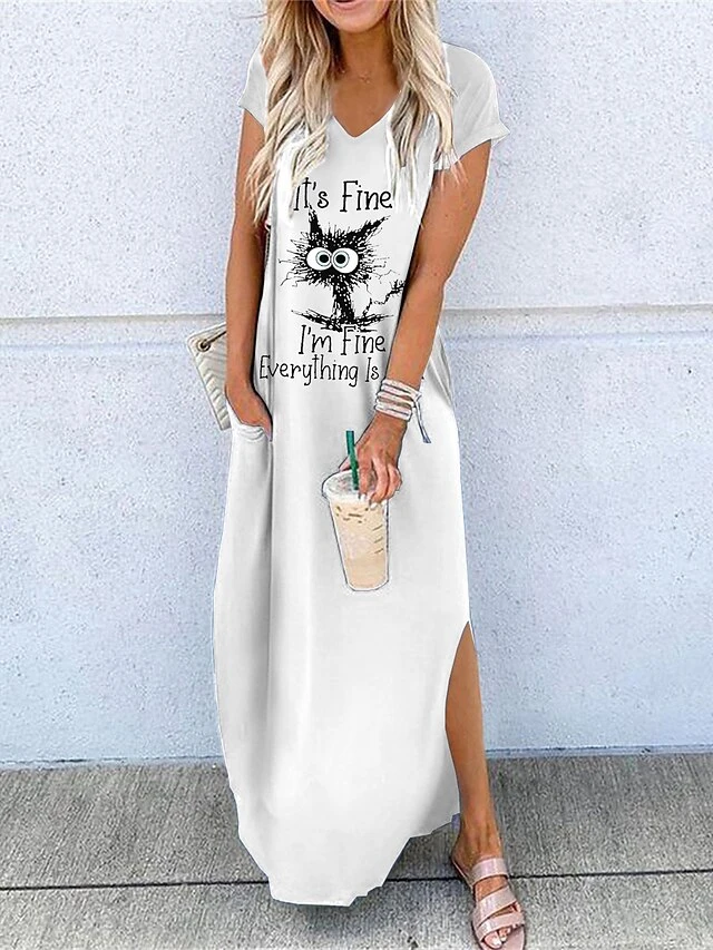 Women's Casual Dress Shift Dress Long Dress Maxi Dress Polyester Classic Casual Home Vacation Weekend V Neck Split Short Sleeve Summer Loose Fit White Yellow Blue Graphic Letter S M L XL XXL 6 Women's Casual Dress Shift Dress Long Dress Maxi Dress Polyester Classic Casual Home Vacation Weekend V Neck Split Short Sleeve Summer Loose Fit White Yellow Blue Graphic Letter S M L XL XXL - Image 6