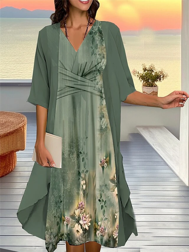 Women's Two Piece Dress Set Casual Dress Chiffon Dress Outdoor Daily Fashion Streetwear Knot Front Print Midi Dress V Neck 3/4 Length Sleeve Floral Regular Fit Pink Blue Purple Fall Winter S M L XL 5 Women's Two Piece Dress Set Casual Dress Chiffon Dress Outdoor Daily Fashion Streetwear Knot Front Print Midi Dress V Neck 3/4 Length Sleeve Floral Regular Fit Pink Blue Purple Fall Winter S M L XL - Image 5