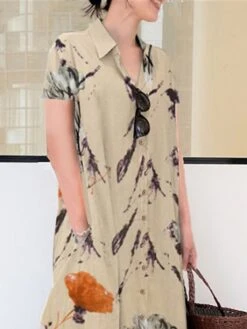 Women's Shirt Dress Casual Dress Shift Dress Maxi Long Dress Outdoor Daily Date Polyester Basic Modern Shirt Collar Button Pocket Short Sleeve Summer Spring 2023 Loose Fit Green Apricot Floral S M L -HAYz Clothing Shop czqnis1677232726351