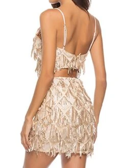 Women's Two Piece Dress Set Party Dress Skirt Set Party Cocktail Party Fashion Party Tassel Fringe Backless Mini Dress Strap Sleeveless Plain Slim Champagne Gold Spring Fall S M L XL -HAYz Clothing Shop daczqc1692935662953