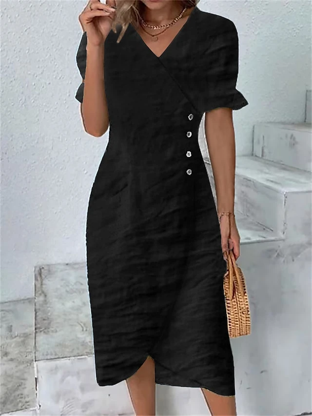 Women's Casual Dress Cotton Linen Dress Shift Dress Midi Dress Cotton And Linen Fashion Modern Outdoor Daily Vacation V Neck Button Short Sleeve Summer Spring 2023 Loose Fit Black Blue Plain S M L XL 2 Women's Casual Dress Cotton Linen Dress Shift Dress Midi Dress Cotton And Linen Fashion Modern Outdoor Daily Vacation V Neck Button Short Sleeve Summer Spring 2023 Loose Fit Black Blue Plain S M L XL - Image 2