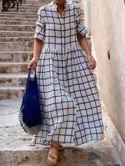 Women's Shirt Dress Casual Dress Swing Dress Maxi Long Dress Outdoor Daily Date Polyester Fashion Modern Shirt Collar Button Print Long Sleeve Fall Winter 2023 Loose Fit Black Blue Khaki Plaid S M L