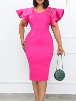 Women‘s Plus Size Curve Party Dress Cocktail Dress Bodycon Solid Color Midi Dress Short Sleeve Ruffle Split Crew Neck Fashion Party Black Wine Summer Spring L XL XXL 3XL -HAYz Clothing Shop daxhkp1679549836997