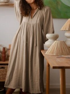 Women's Casual Dress Cotton Linen Dress Shift Dress Midi Dress Cotton Fashion Traditional / Vintage Outdoor Daily Vacation Crew Neck Ruched 3/4 Length Sleeve Fall Winter Autumn 2023 Loose Fit Black -HAYz Clothing Shop daxnbn1694573536305