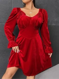 Women's Plus Size Curve Party Dress Velvet Dress Cocktail Dress Midi Dress Red Long Sleeve Pure Color Ruched Fall Winter Autumn V Neck Fashion Winter Dress Wedding Guest Vacation 2023 XL XXL 3XL