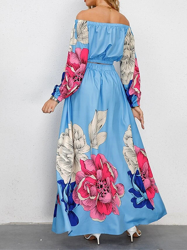 Women's Two Piece Dress Set Casual Dress Skirt Set Daily Going Out Casual Ruched Print Long Dress Maxi Dress Off Shoulder Long Sleeve Floral Regular Fit Blue Green Rose Red Fall Winter S M L XL XXL 4 Women's Two Piece Dress Set Casual Dress Skirt Set Daily Going Out Casual Ruched Print Long Dress Maxi Dress Off Shoulder Long Sleeve Floral Regular Fit Blue Green Rose Red Fall Winter S M L XL XXL - Image 4
