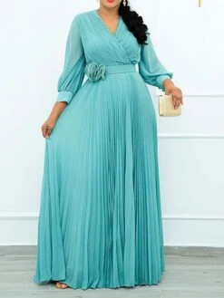 Women‘s Plus Size Curve Party Dress Solid Color V Neck Ruched 3/4 Length Sleeve Spring Fall Elegant Prom Dress Maxi Long Dress Formal Party Dress