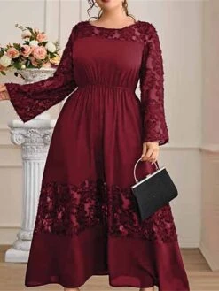 Women's Plus Size Prom Dress Party Dress Wedding Guest Dress Long Dress Maxi Dress Wine Long Sleeve Pure Color Ruched Fall Winter Autumn Crew Neck Fashion Winter Dress Wedding Guest Evening Party