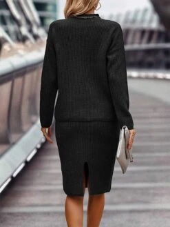 Women's Two Piece Dress Set Casual Dress Skirt Set Outdoor Daily Fashion Streetwear Ribbed Midi Dress Turtleneck Long Sleeve Plain Loose Fit Black Wine Dark Pink Fall Winter S M L XL XXL -HAYz Clothing Shop dbvbfo1693214131519