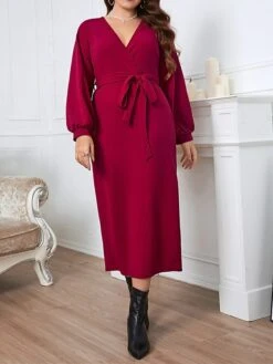 Women‘s Plus Size Curve Work Dress Sheath Dress Semi Formal Dress Fashion Midi Dress Lace Up Split V Neck Long Sleeve Plain Regular Fit Wine Spring Fall XL XXL 3XL 4XL -HAYz Clothing Shop dcesax1692089854573