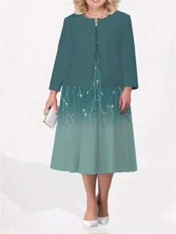 Women's Plus Size Curve Two Piece Dress Set Casual Dress Swing Dress Outdoor Office Fashion Streetwear Print Midi Dress Crew Neck Long Sleeve Floral Ombre Blue Purple Green Fall Winter L XL XXL -HAYz Clothing Shop dcgwrl1692942822507