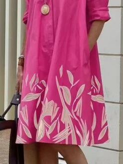 Women's Shirt Dress Casual Dress Maxi Long Dress Office Daily Date Polyester Fashion Modern Shirt Collar Patchwork Print 3/4 Length Sleeve Summer Spring Fall 2023 Regular Fit Pink Orange Leaf Color -HAYz Clothing Shop dciwkp1682675589339