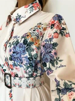 Women's Shirt Dress Casual Dress Swing Dress Maxi Long Dress Outdoor Office Business Polyester Fashion Elegant Shirt Collar Button Tie Belt Long Sleeve Summer Spring Fall 2023 Loose Fit White Floral -HAYz Clothing Shop dcizfp1689227593002