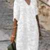 Women's Cotton Linen Dress Casual Dress Shift Dress Midi Dress Cotton Fashion Modern Outdoor Daily Vacation V Neck Print Half Sleeve Summer Spring 2023 Loose Fit White Blue Green Flower S M L XL 2XL