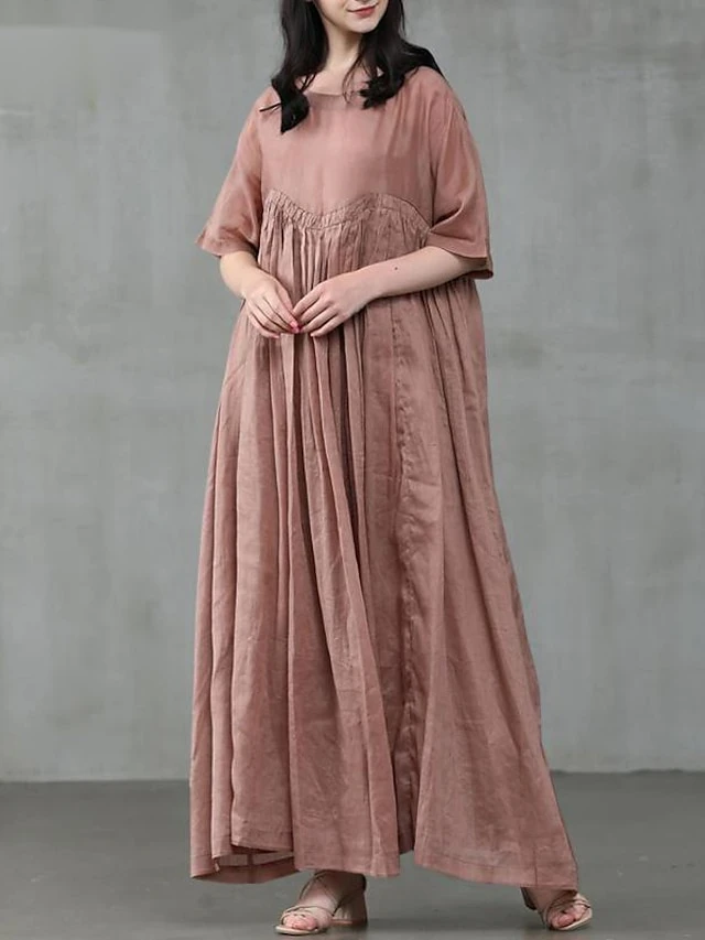 Women's Casual Dress Cotton Linen Dress Swing Dress Long Dress Maxi Dress Black Pink Green Short Sleeve Pure Color Ruched Spring Fall Autumn Crew Neck Elegant Vacation Loose Fit 2022 S M L XL XXL 3XL 5 Women's Casual Dress Cotton Linen Dress Swing Dress Long Dress Maxi Dress Black Pink Green Short Sleeve Pure Color Ruched Spring Fall Autumn Crew Neck Elegant Vacation Loose Fit 2022 S M L XL XXL 3XL - Image 5