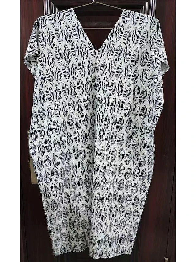 Women's Casual Dress Cotton Linen Dress A Line Dress Maxi Long Dress Polyester Fashion Casual Outdoor Daily Vacation V Neck Print 3/4 Length Sleeve Spring Fall Winter 2023 Loose Fit White Leaf 2 Women's Casual Dress Cotton Linen Dress A Line Dress Maxi Long Dress Polyester Fashion Casual Outdoor Daily Vacation V Neck Print 3/4 Length Sleeve Spring Fall Winter 2023 Loose Fit White Leaf - Image 2