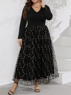 Women‘s Plus Size Curve Party Dress Swing Dress Black Dress Long Dress Maxi Dress Black Long Sleeve Polka Dot Mesh Summer Spring Fall V Neck Fashion Winter Dress Birthday Evening Party 2023 -HAYz Clothing Shop dctvef1691464043677