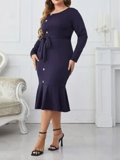 Women's Plus Size Party Dress Wedding Guest Dress Sheath Dress Midi Dress Dark Blue Long Sleeve Pure Color Ruffle Spring Fall Winter Crew Neck Fashion Winter Dress Office Evening Party 2023 XL XXL 5 Women's Plus Size Party Dress Wedding Guest Dress Sheath Dress Midi Dress Dark Blue Long Sleeve Pure Color Ruffle Spring Fall Winter Crew Neck Fashion Winter Dress Office Evening Party 2023 XL XXL -HAYz Clothing Shop dddrpf1693535293297