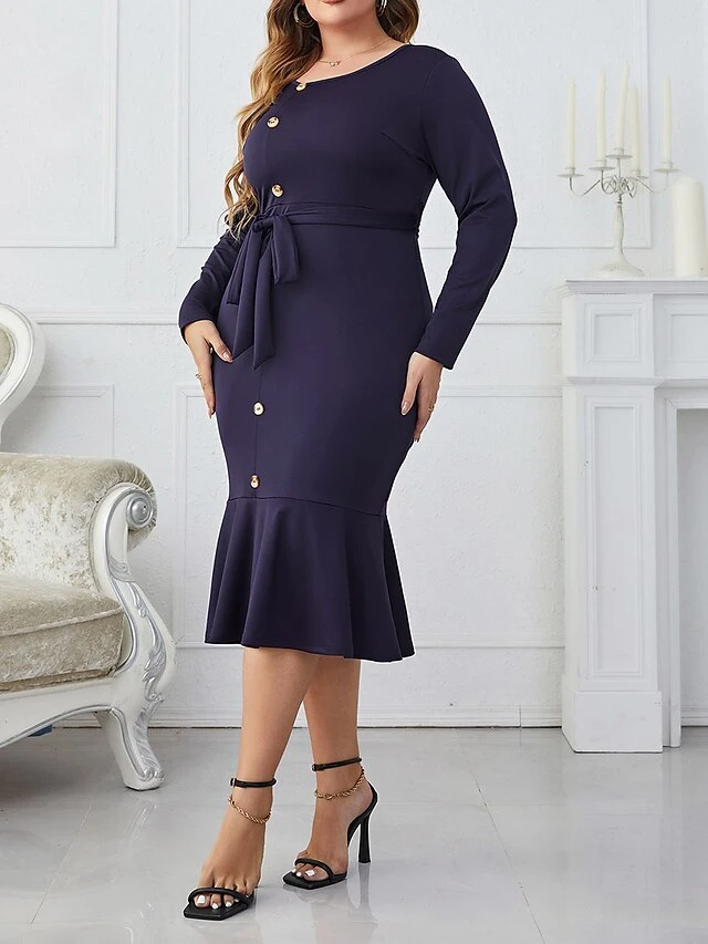 Women's Plus Size Party Dress Wedding Guest Dress Sheath Dress Midi Dress Dark Blue Long Sleeve Pure Color Ruffle Spring Fall Winter Crew Neck Fashion Winter Dress Office Evening Party 2023 XL XXL 3 Women's Plus Size Party Dress Wedding Guest Dress Sheath Dress Midi Dress Dark Blue Long Sleeve Pure Color Ruffle Spring Fall Winter Crew Neck Fashion Winter Dress Office Evening Party 2023 XL XXL - Image 3