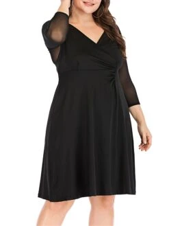 Women‘s Plus Size Curve Work Dress Black Dress Semi Formal Dress Fashion Midi Dress Mesh V Neck 3/4 Length Sleeve Plain Loose Fit Black Spring Fall XL XXL 3XL 4XL 5XL -HAYz Clothing Shop ddgdio1691402308023