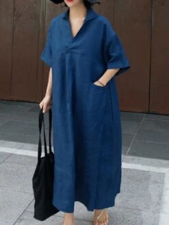 Women's Casual Dress Cotton Linen Dress Swing Dress Maxi Long Dress Cotton Blend Basic Casual Outdoor Daily V Neck Pocket 3/4 Length Sleeve Summer Spring Fall 2023 Loose Fit Blue Green Apricot Plain -HAYz Clothing Shop ddlbkp1679554390639