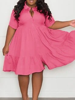 Women‘s Plus Size Curve Shirt Dress Solid Color Shirt Collar Ruffle Half Sleeve Spring Summer Casual Knee Length Dress Daily Holiday Dress -HAYz Clothing Shop ddonso1656491038669