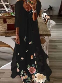 Women's Casual Dress Dress Set Two Piece Dress Midi Dress Black Long Sleeve Floral Print Fall Winter Autumn V Neck Casual Winter Dress Fall Dress Loose Fit 2023 S M L XL XXL 3XL 4XL 5XL