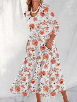 Women's Casual Dress Cotton Linen Dress Swing Dress Maxi Long Dress Polyester Fashion Casual Daily Outdoor Daily Vacation V Neck Pocket Print Long Sleeve Summer Spring Fall 2023 Loose Fit Light Green -HAYz Clothing Shop ddqtgu1690539144370