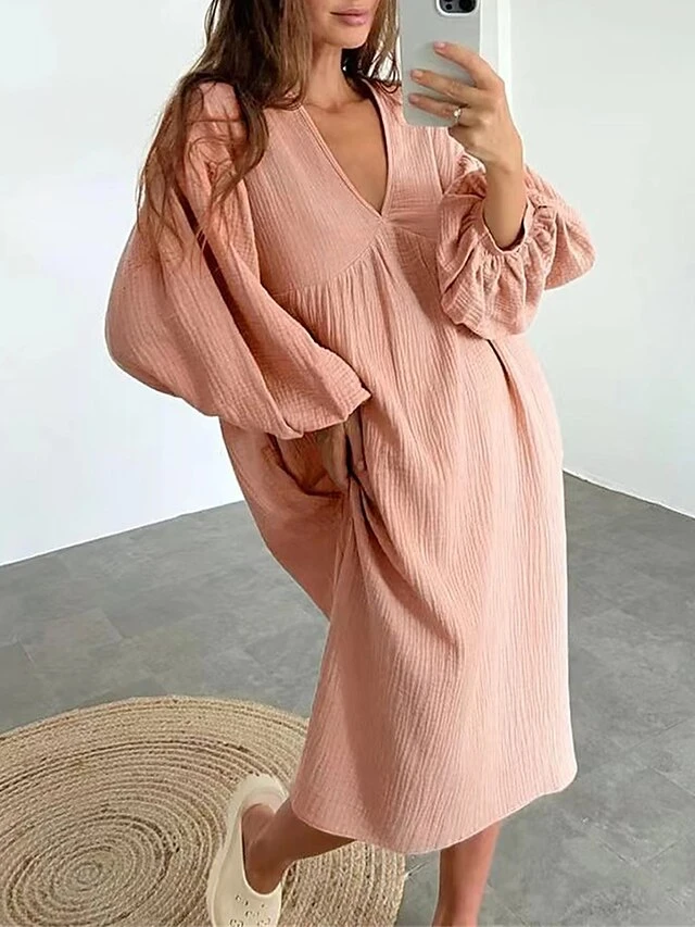 Women's Casual Dress Cotton Dress Loose Dress Midi Dress Linen / Cotton Blend Basic Classic Outdoor Daily Vacation V Neck Basic Long Sleeve Summer Spring Fall 2023 Loose Fit White Pink Blue Plain S M 5 Women's Casual Dress Cotton Dress Loose Dress Midi Dress Linen / Cotton Blend Basic Classic Outdoor Daily Vacation V Neck Basic Long Sleeve Summer Spring Fall 2023 Loose Fit White Pink Blue Plain S M - Image 5