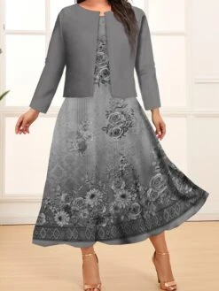 Women's Plus Size Curve Two Piece Dress Set Casual Dress Swing Dress Outdoor Office Fashion Streetwear Print Midi Dress Crew Neck Long Sleeve Floral Ombre Navy Blue Blue Brown Fall Winter L XL -HAYz Clothing Shop ddtzem1693278027120