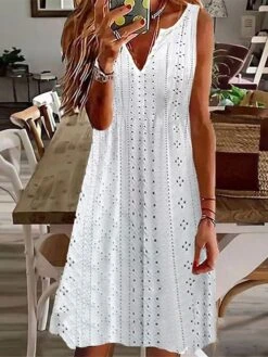 Women's Casual Dress Cotton Linen Dress White Dress Midi Dress Polyester Basic Classic Outdoor Daily Split Neck Eyelet Sleeveless Summer Spring 2023 Regular Fit Black White Pink Plain S M L XL 2XL